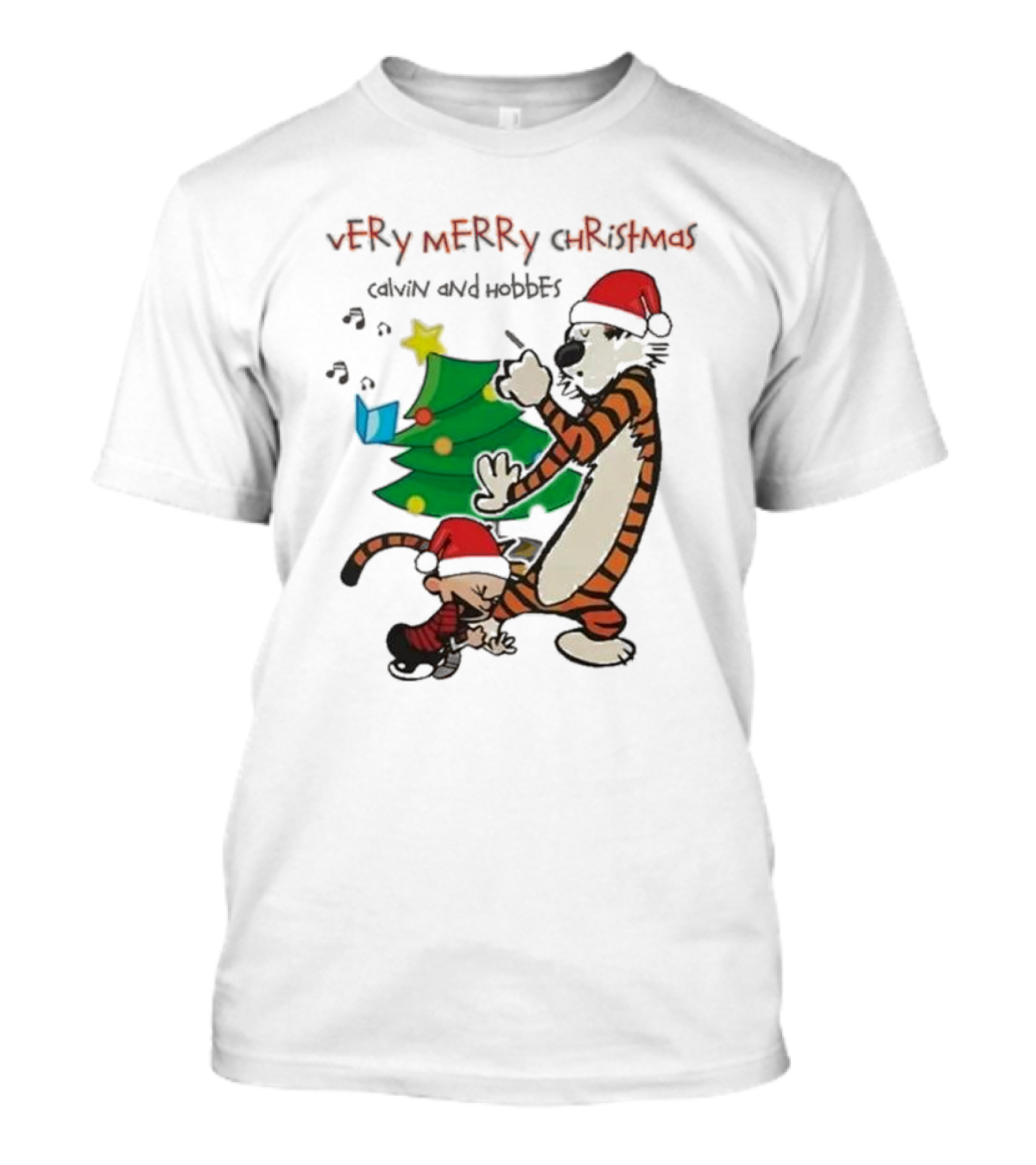 VErY MERRY ChrIStmAS Calvin And Hobbes Santa Hats Christmas Tree Dance T-Shirt