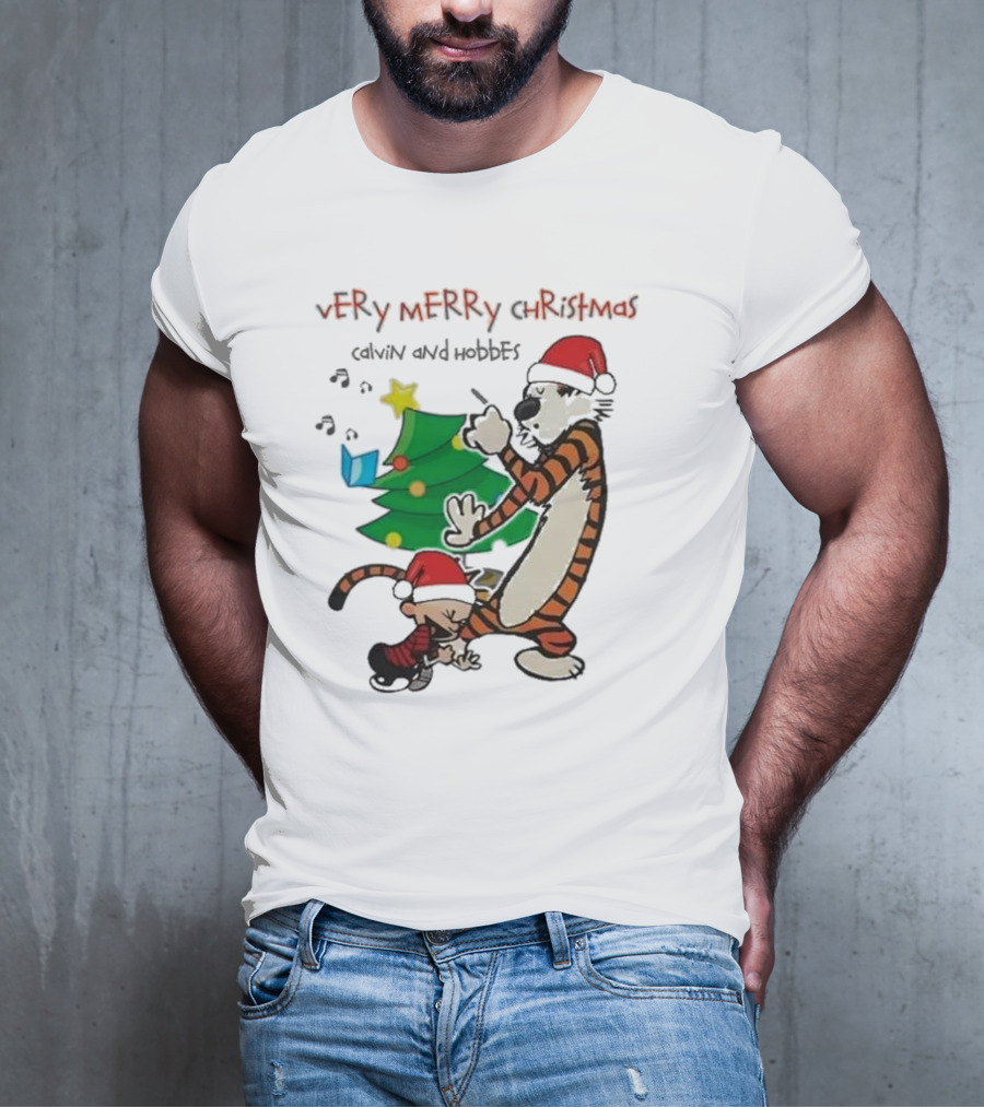 VErY MERRY ChrIStmAS Calvin And Hobbes Santa Hats Christmas Tree Dance T-Shirt