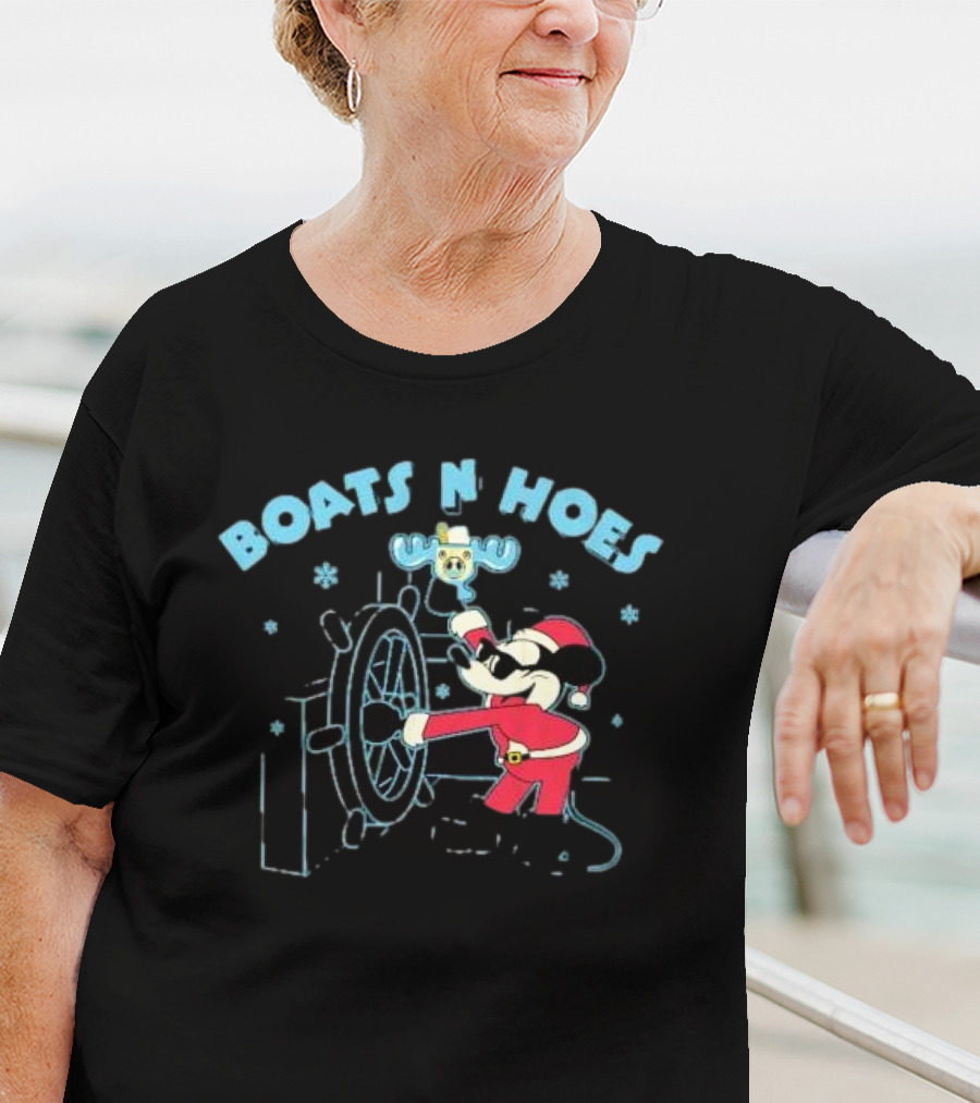 Boats N Hoes Christmas Mickey Mouse Steering Wheel Santa Suit Snowflakes T-Shirt