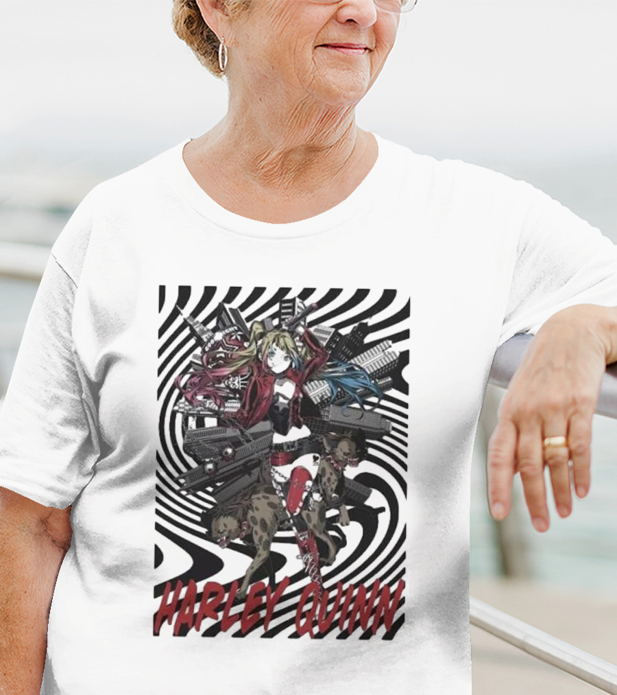 HARLEY QUINN Black And White Spiral With Hyenas T-Shirt