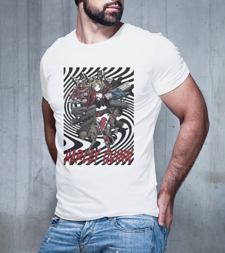 HARLEY QUINN Black And White Spiral With Hyenas T-Shirt