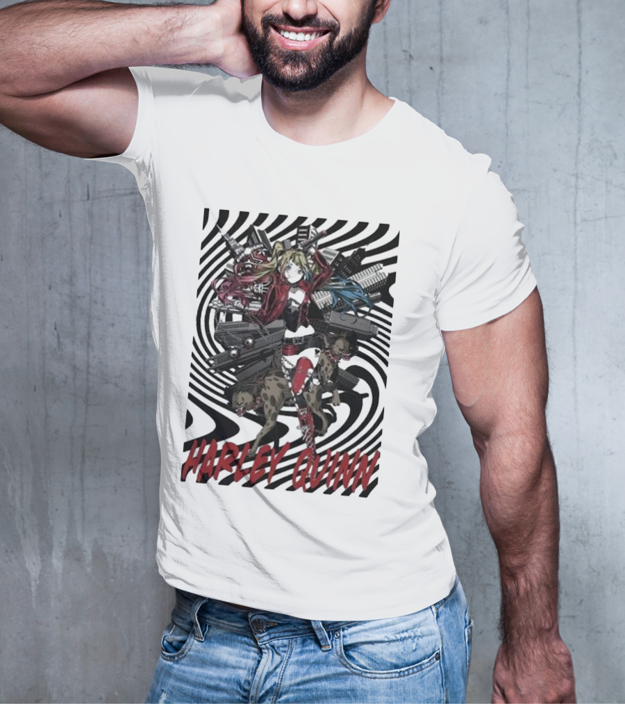 HARLEY QUINN Black And White Spiral With Hyenas T-Shirt
