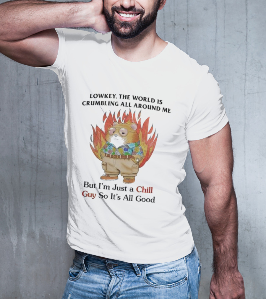 Chill Guy With World Crumbling Fire Background T-Shirt
