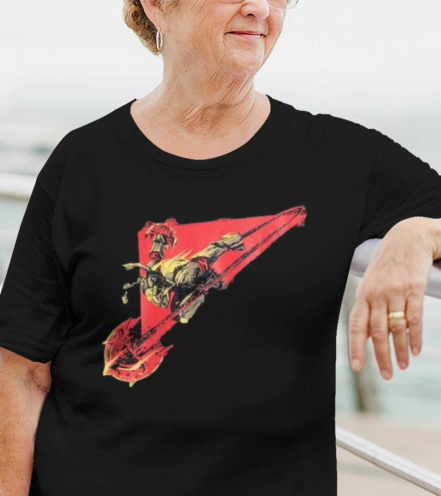 Arcane Ambessa Warrior Riding Battle Axe On Red Triangular Path T-Shirt