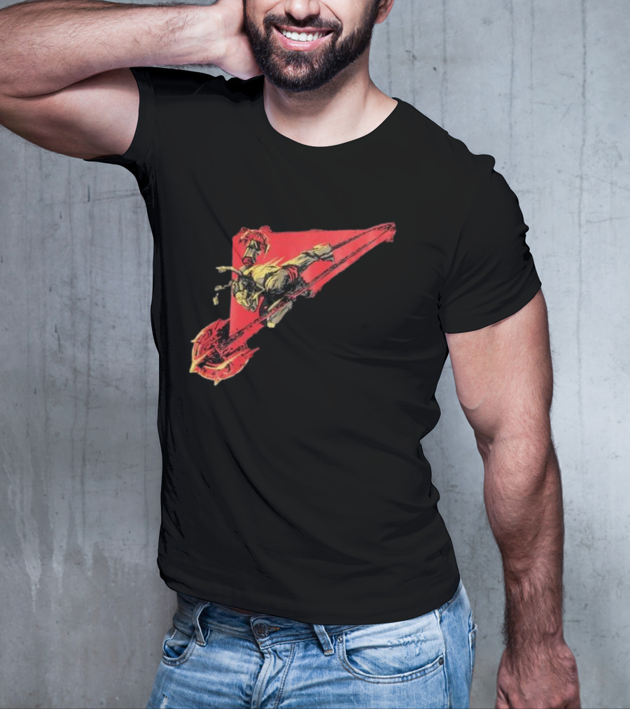 Arcane Ambessa Warrior Riding Battle Axe On Red Triangular Path T-Shirt