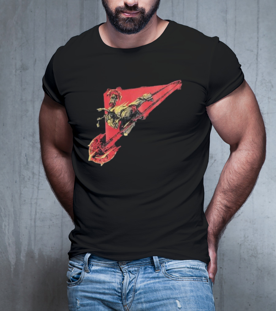 Arcane Ambessa Warrior Riding Battle Axe On Red Triangular Path T-Shirt