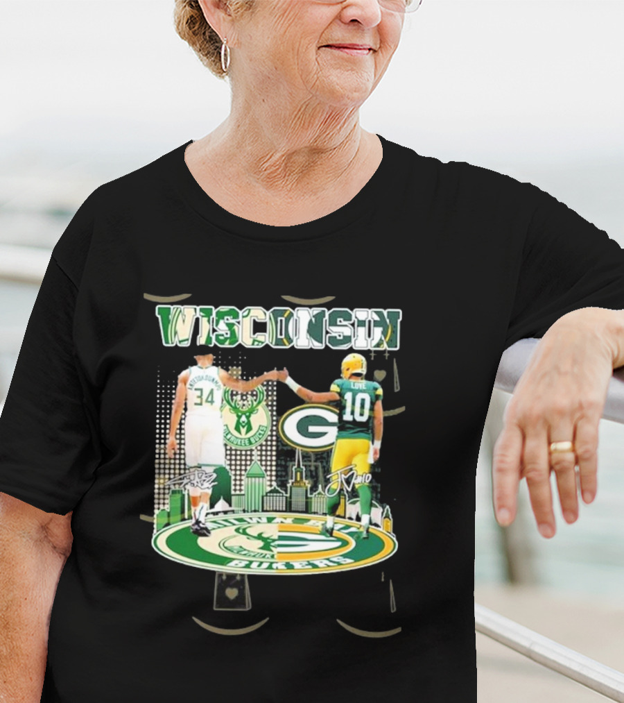 Wisconsin Milwaukee Bucks Green Bay Packers Iconic Duo Signature T-Shirt