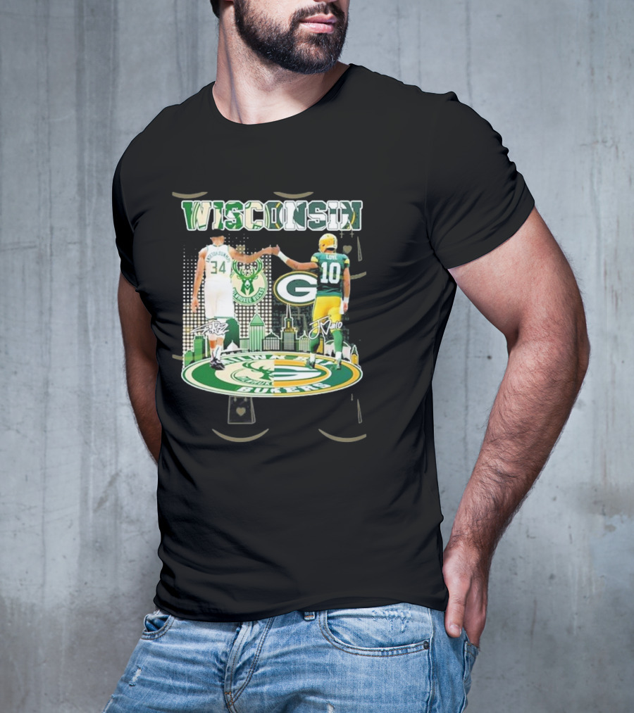 Wisconsin Milwaukee Bucks Green Bay Packers Iconic Duo Signature T-Shirt