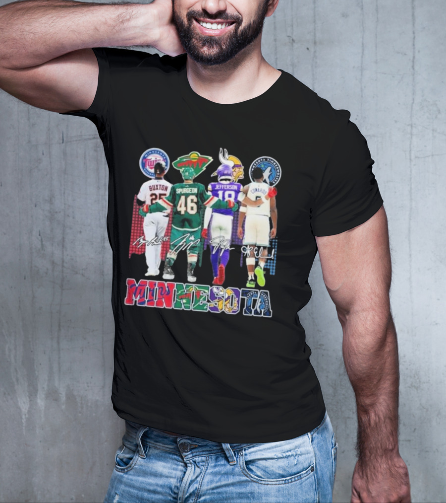 Minnesota Twins Buxton Minnesota Wild Spurgeon Minnesota Vikings Jefferson Minnesota Timberwolves Edwards Signature T-Shirt