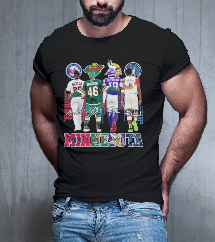 Minnesota Twins Buxton Minnesota Wild Spurgeon Minnesota Vikings Jefferson Minnesota Timberwolves Edwards Signature T-Shirt