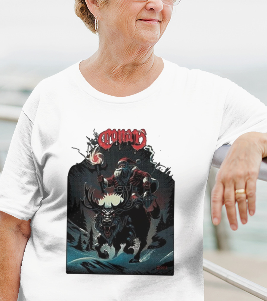 Conan Merry Chrushmas Santa Riding Mythical Beast Torch Dark Forest Scene T-Shirt