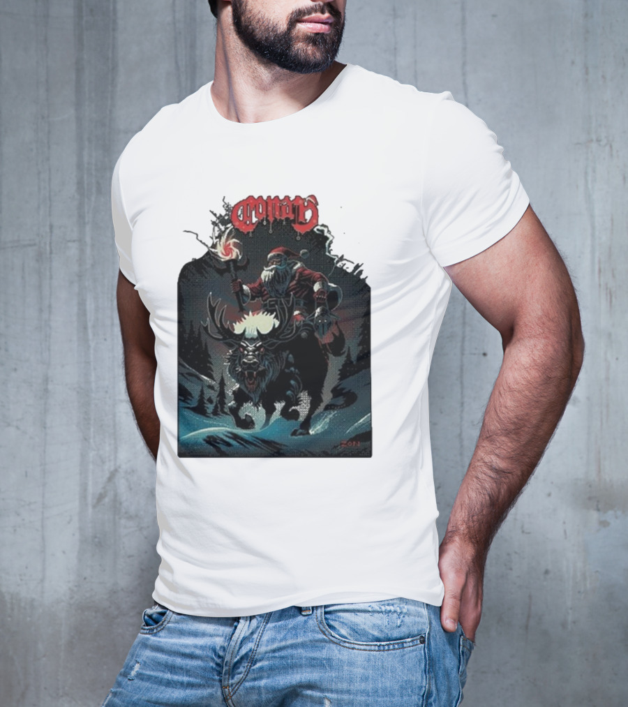 Conan Merry Chrushmas Santa Riding Mythical Beast Torch Dark Forest Scene T-Shirt