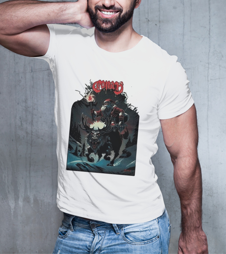 Conan Merry Chrushmas Santa Riding Mythical Beast Torch Dark Forest Scene T-Shirt