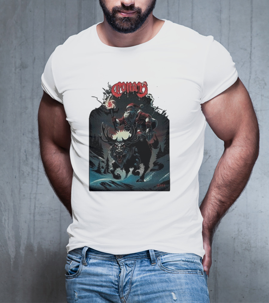 Conan Merry Chrushmas Santa Riding Mythical Beast Torch Dark Forest Scene T-Shirt