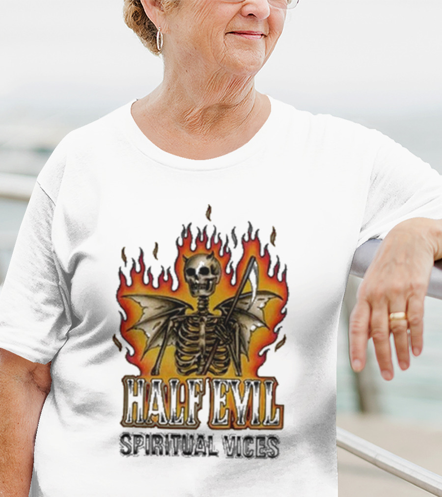 Half Evil Spiritual Vices Flaming Winged Skeleton T-Shirt