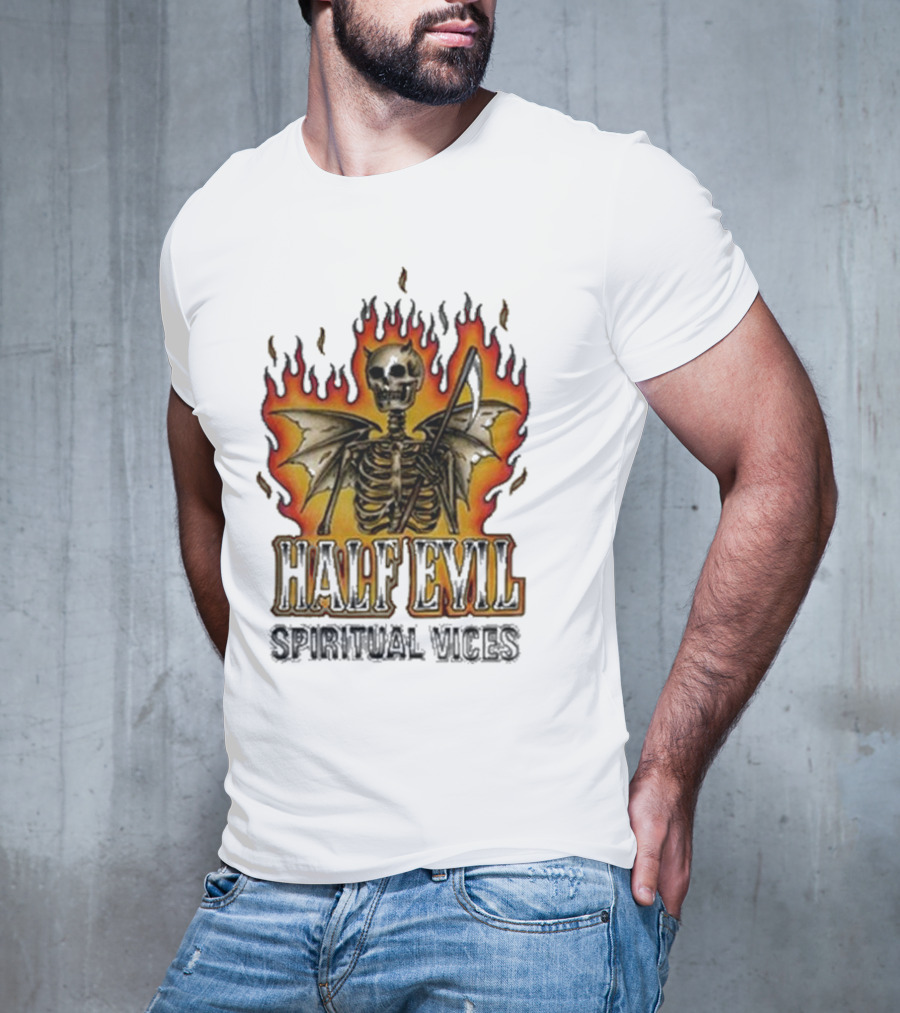 Half Evil Spiritual Vices Flaming Winged Skeleton T-Shirt