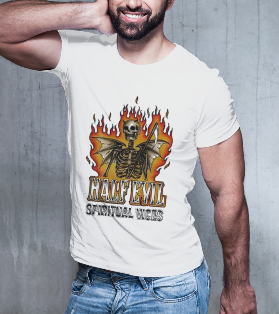 Half Evil Spiritual Vices Flaming Winged Skeleton T-Shirt