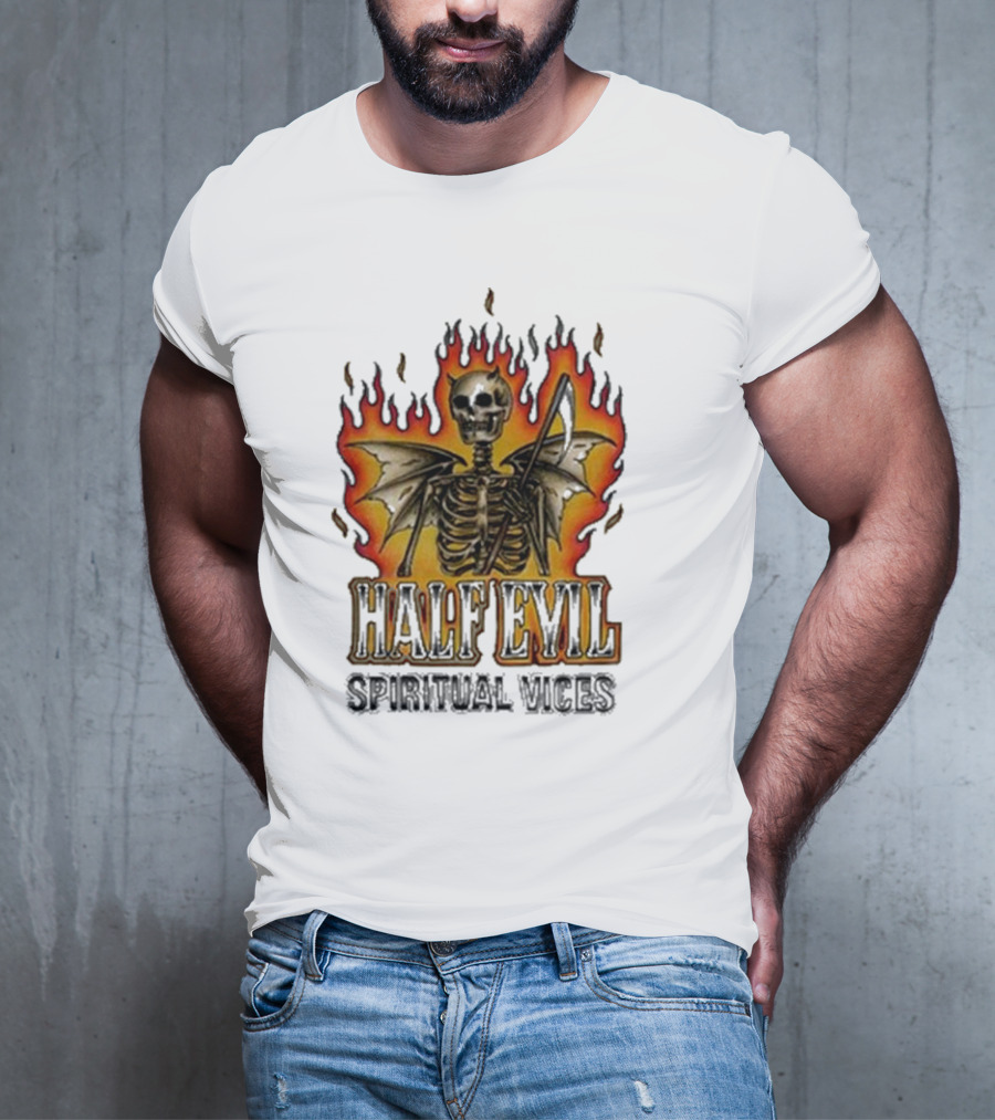 Half Evil Spiritual Vices Flaming Winged Skeleton T-Shirt