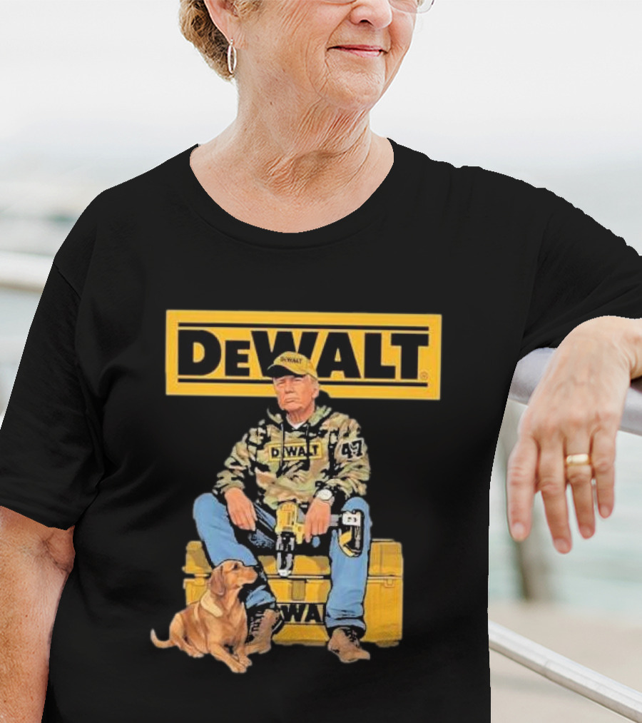 DEWALT Toolbox Camouflage Jacket 47 Sitting On Toolbox With Dog T-Shirt