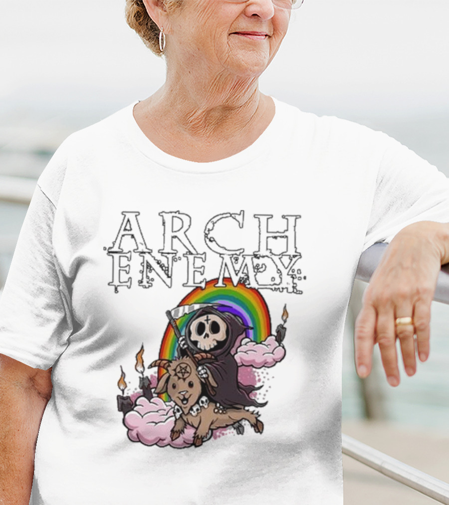 Arch Enemy Rainbow Reaper On Goat With Candles And Clouds T-Shirt