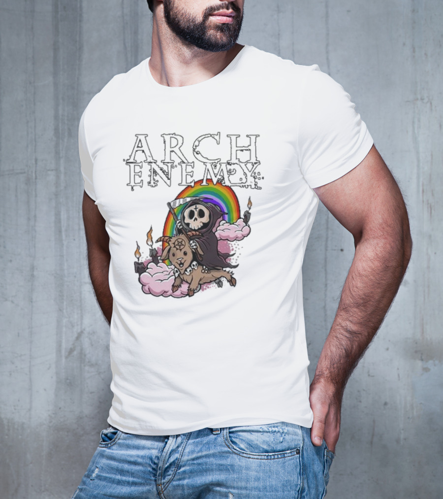Arch Enemy Rainbow Reaper On Goat With Candles And Clouds T-Shirt