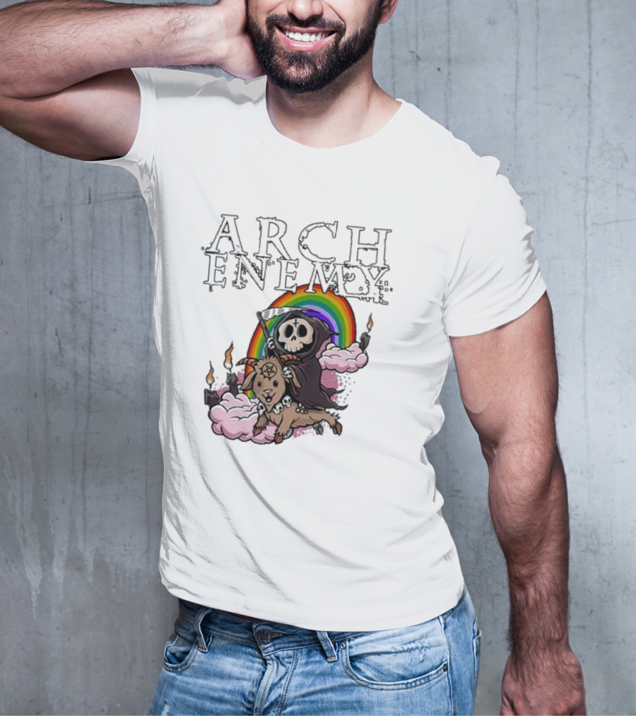 Arch Enemy Rainbow Reaper On Goat With Candles And Clouds T-Shirt