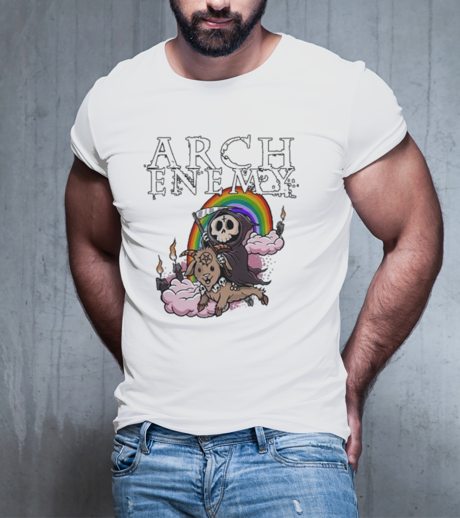 Arch Enemy Rainbow Reaper On Goat With Candles And Clouds T-Shirt