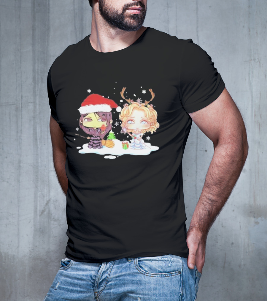 Wicked Merry Christmas Witch And Reindeer Characters Snowflakes T-Shirt