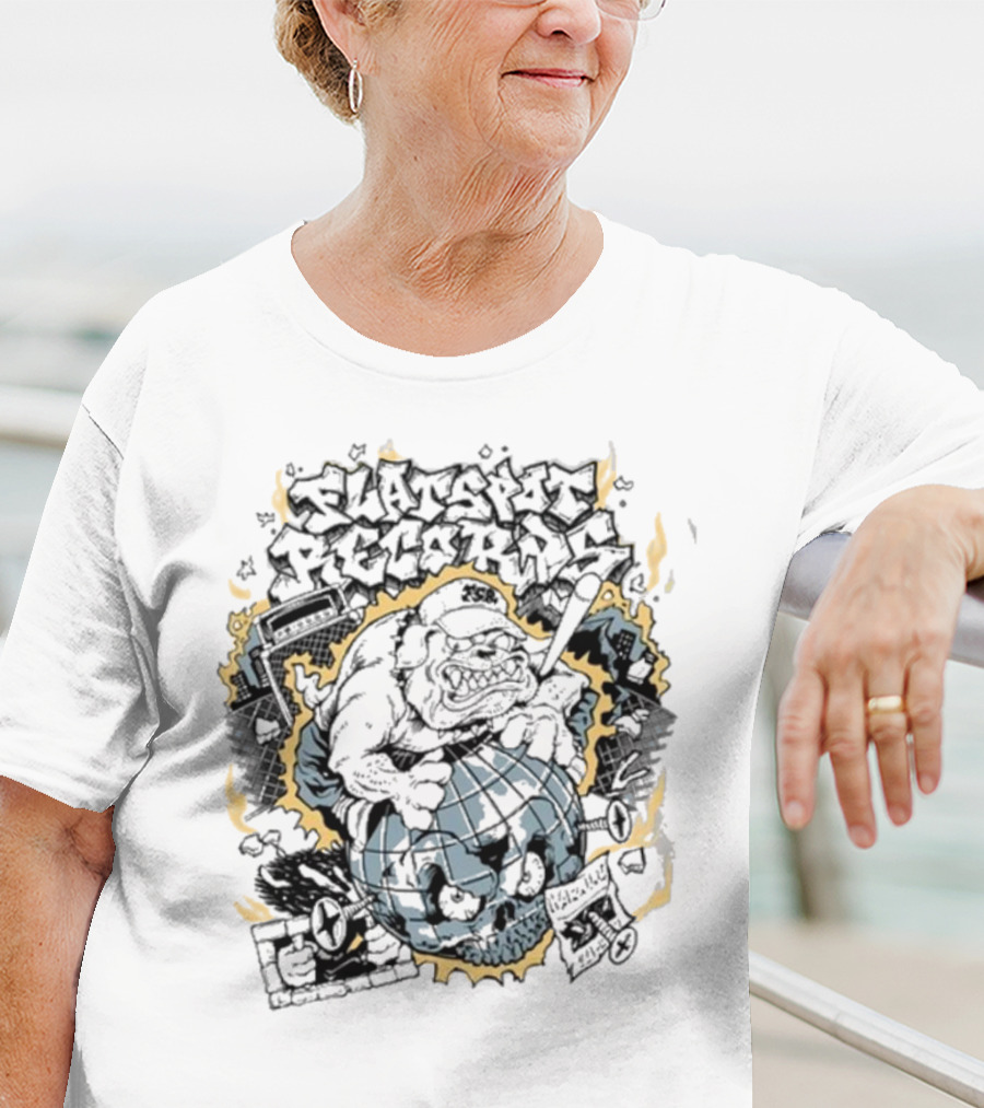 Flatspot Records Bulldog Globe Graffiti Style White T-Shirt