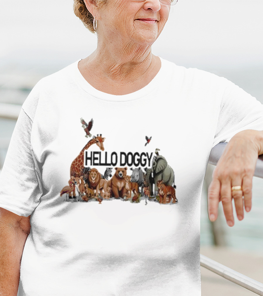 Hello Doggy Wildlife Animal Gathering With Giraffe Elephant Tiger And More T-Shirt