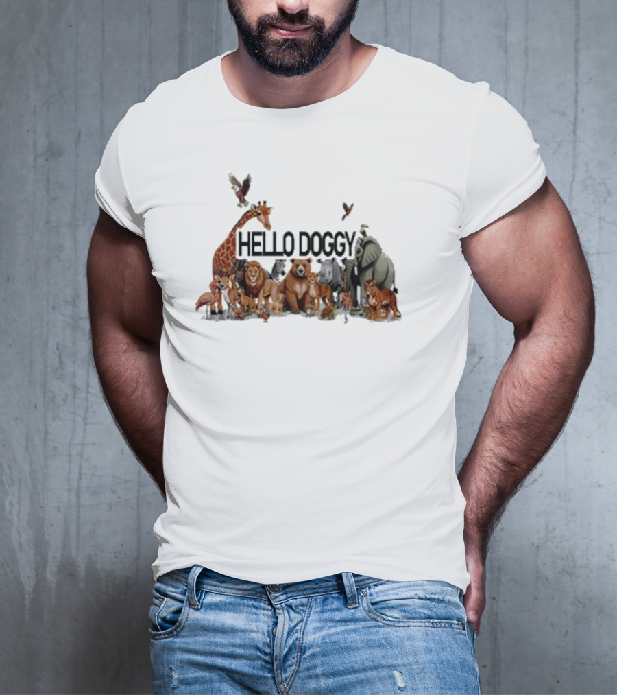 Hello Doggy Wildlife Animal Gathering With Giraffe Elephant Tiger And More T-Shirt