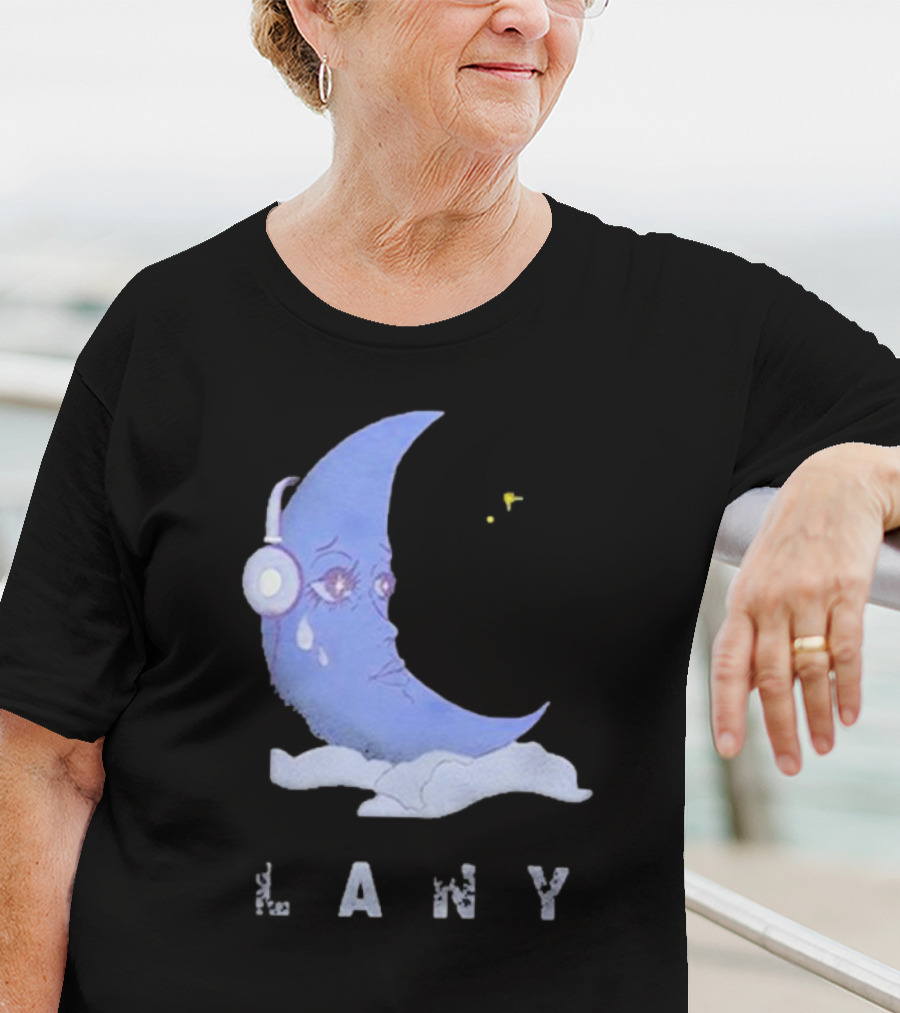 Lany Moon Crying Blue Crescent With Headphones And Clouds T-Shirt