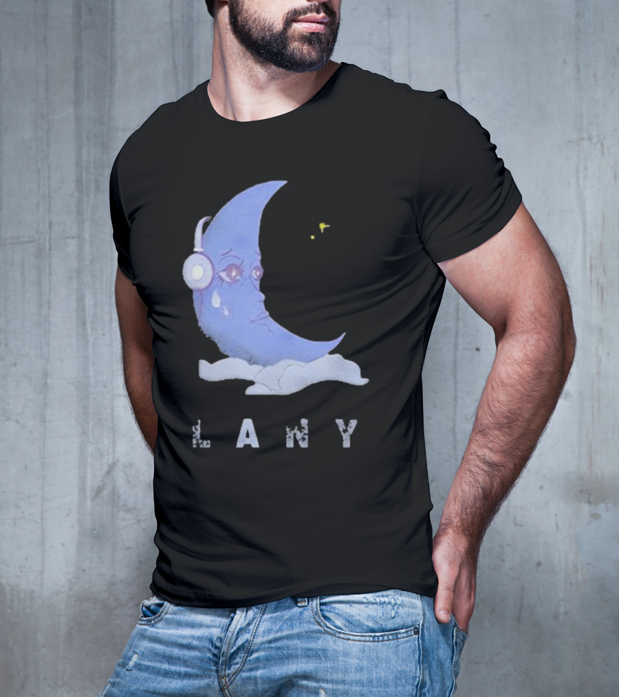 Lany Moon Crying Blue Crescent With Headphones And Clouds T-Shirt