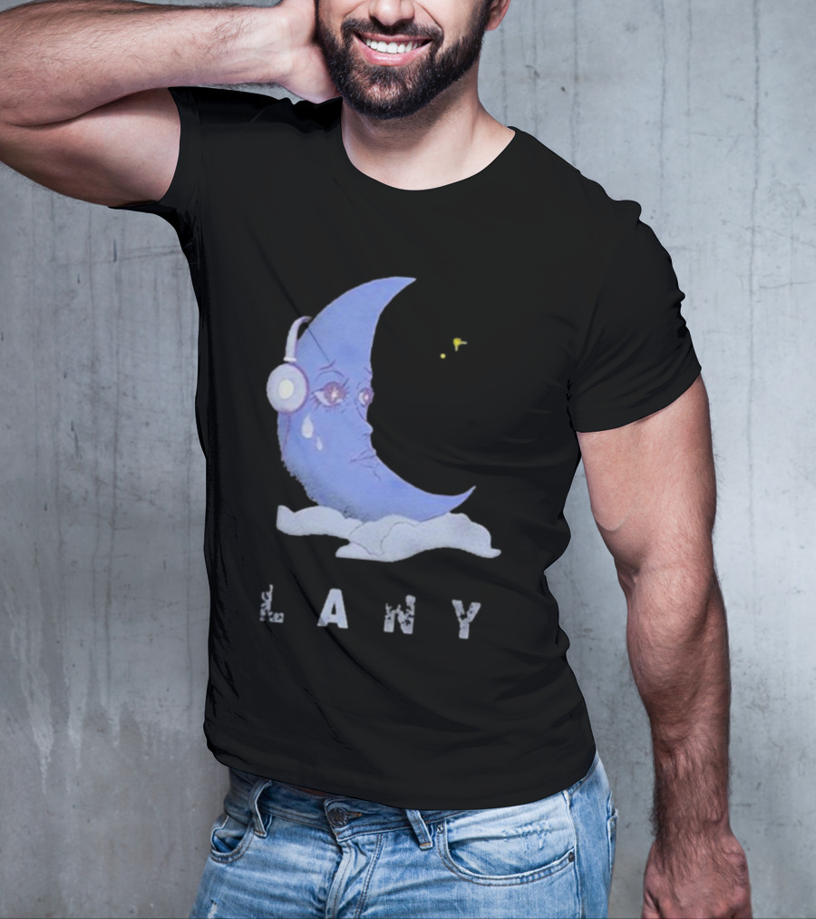 Lany Moon Crying Blue Crescent With Headphones And Clouds T-Shirt