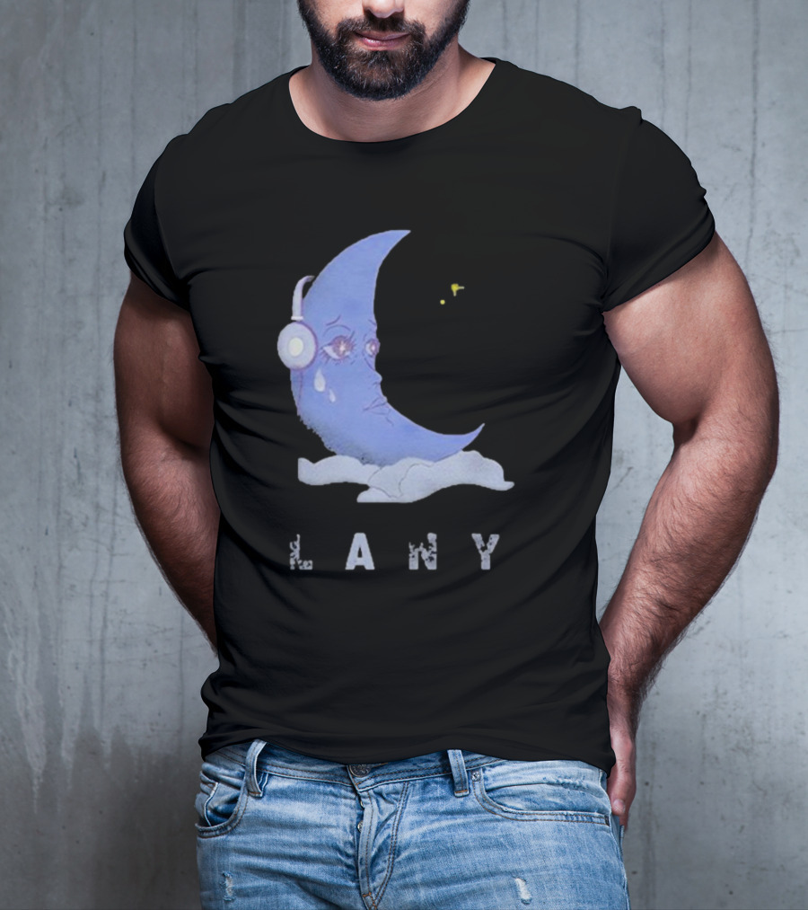 Lany Moon Crying Blue Crescent With Headphones And Clouds T-Shirt