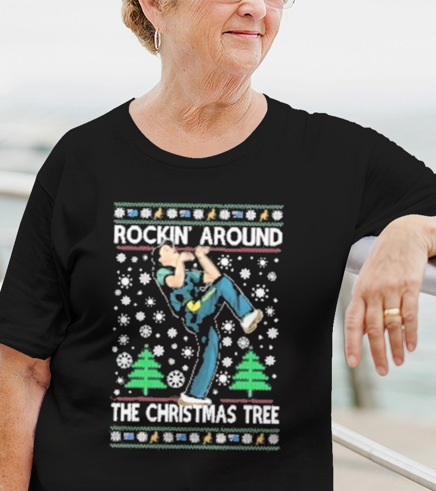 Rockin' Around The Christmas Tree Ugly Christmas Sweater With Dancing Figure And Snowflakes T-Shirt