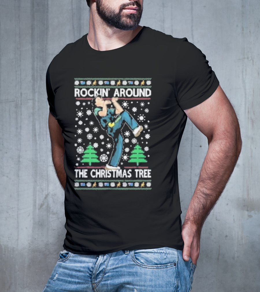 Rockin' Around The Christmas Tree Ugly Christmas Sweater With Dancing Figure And Snowflakes T-Shirt