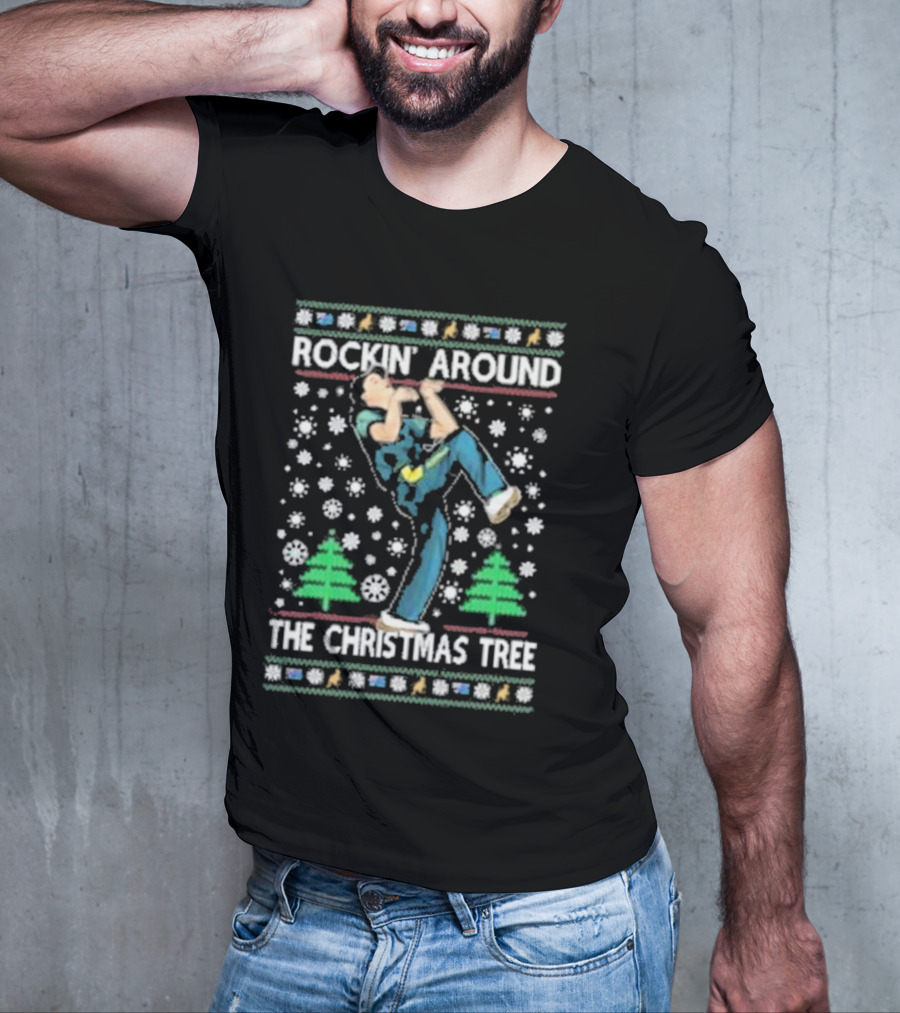 Rockin' Around The Christmas Tree Ugly Christmas Sweater With Dancing Figure And Snowflakes T-Shirt