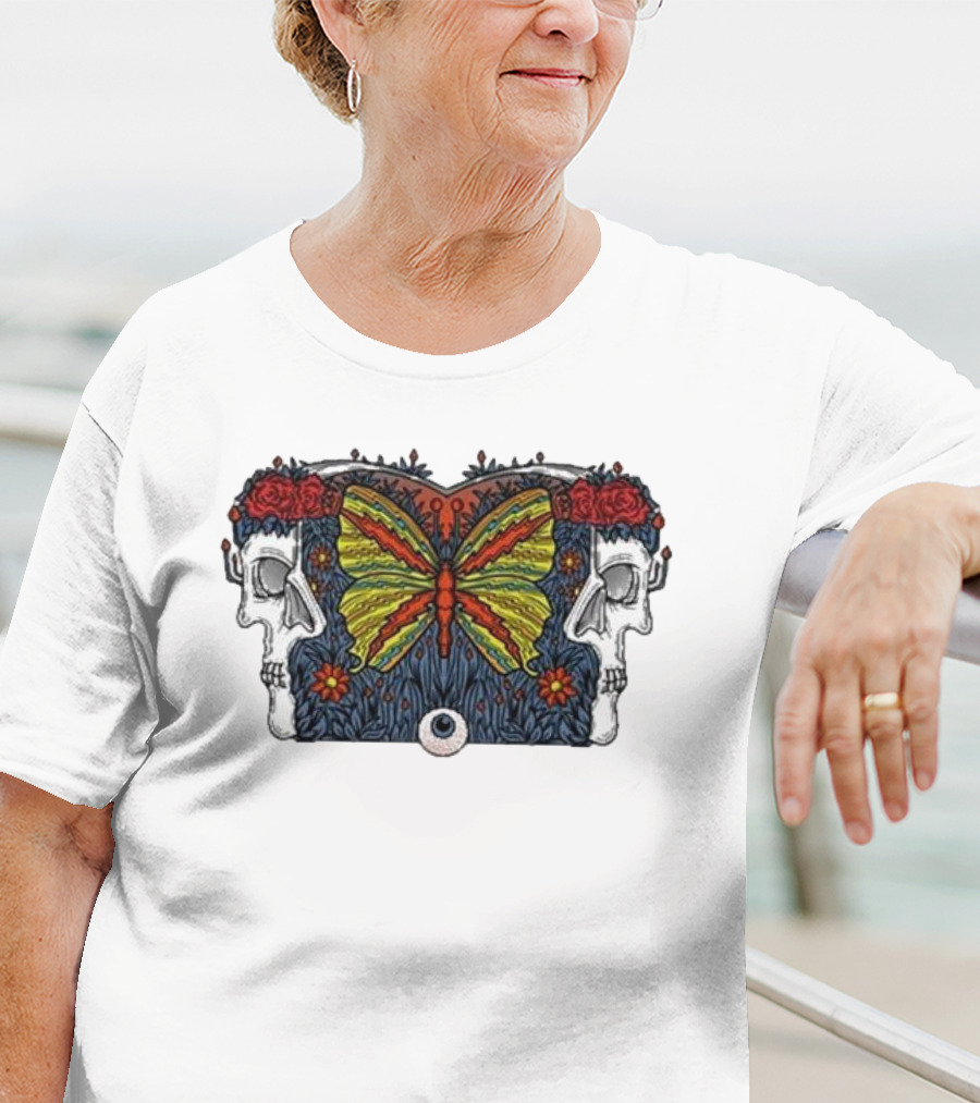 This Old Engine Two Worlds Skull And Butterfly Symmetry With Roses And Floral Elements T-Shirt