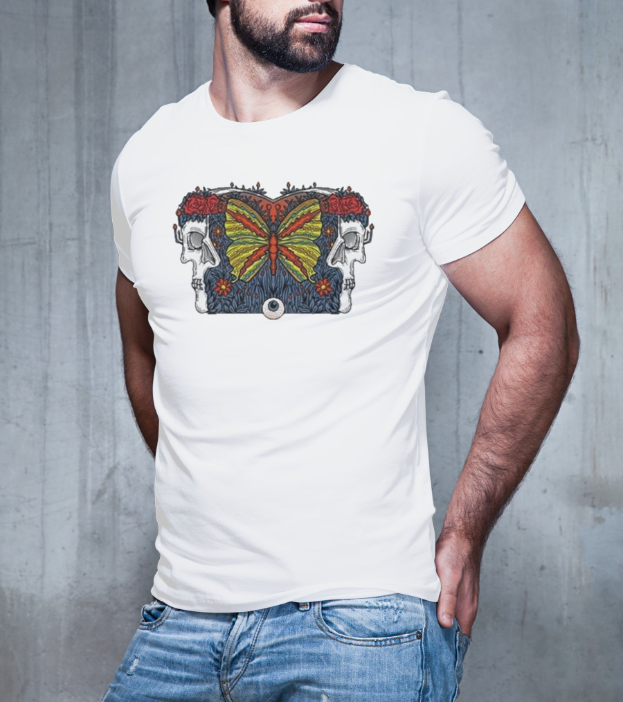 This Old Engine Two Worlds Skull And Butterfly Symmetry With Roses And Floral Elements T-Shirt