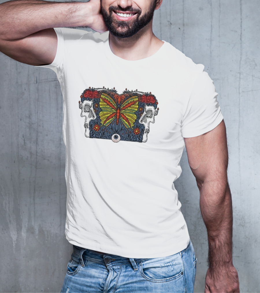 This Old Engine Two Worlds Skull And Butterfly Symmetry With Roses And Floral Elements T-Shirt