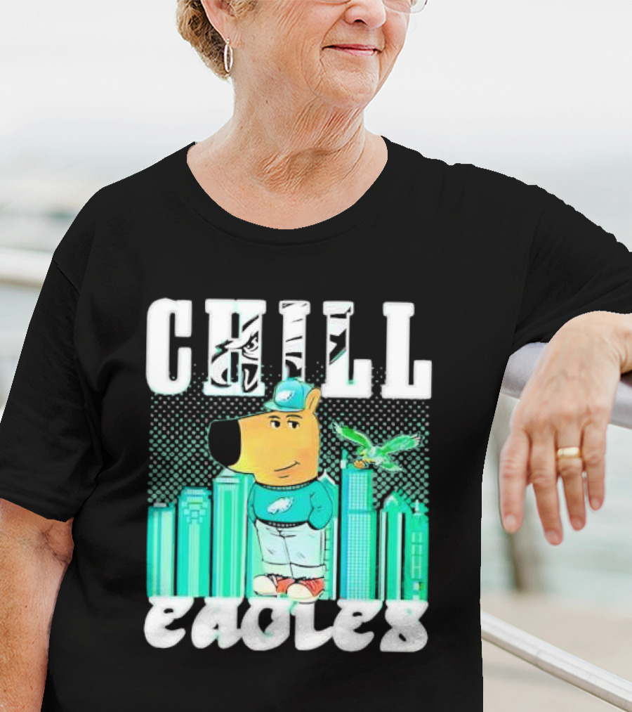 Philadelphia Eagles Chill Character With City Skyline And Cartoon Bird T-Shirt