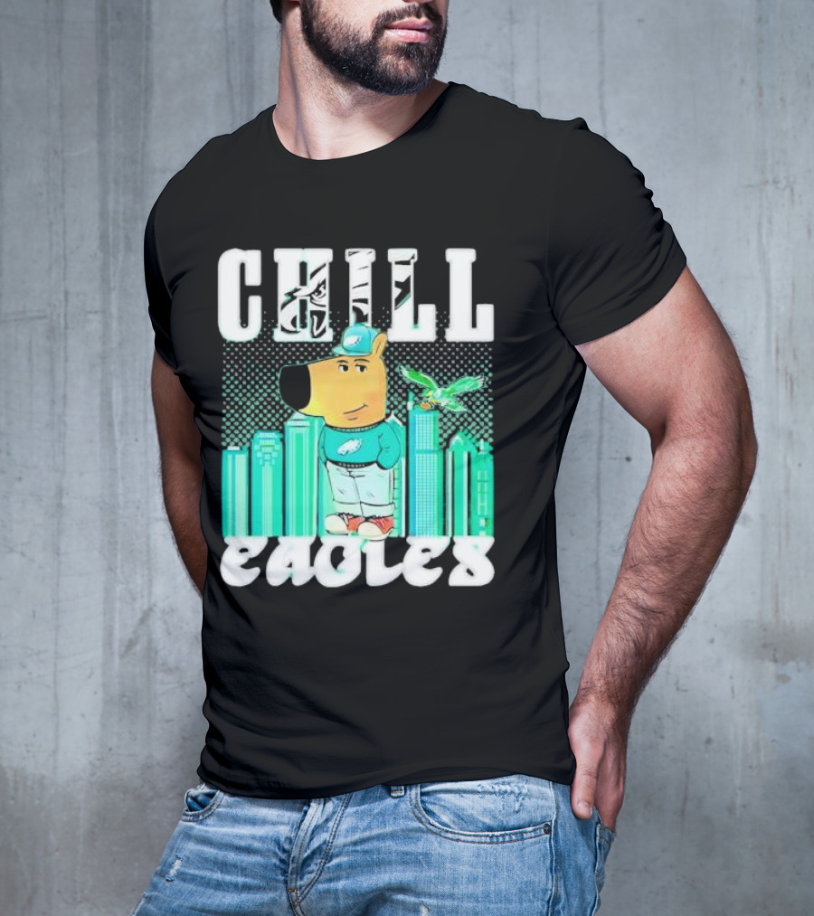 Philadelphia Eagles Chill Character With City Skyline And Cartoon Bird T-Shirt