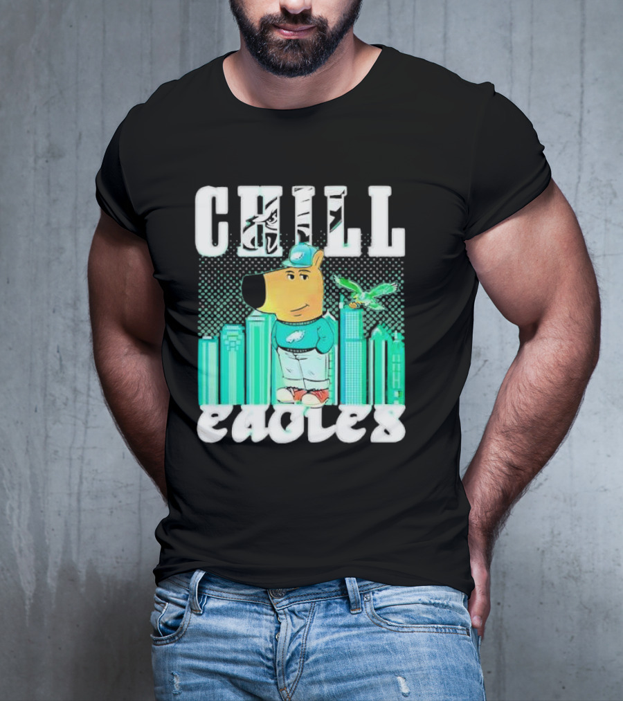 Philadelphia Eagles Chill Character With City Skyline And Cartoon Bird T-Shirt