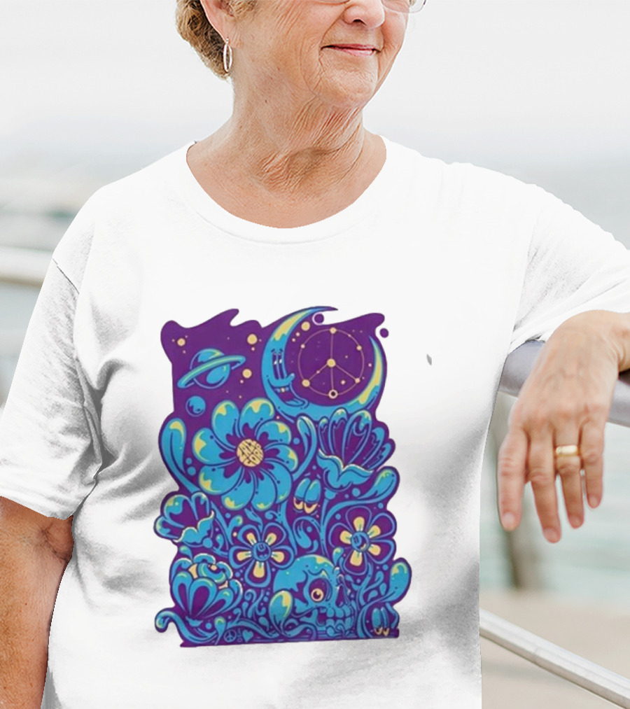 Zazz Corp White Cosmic Floral Planets Constellation T-Shirt