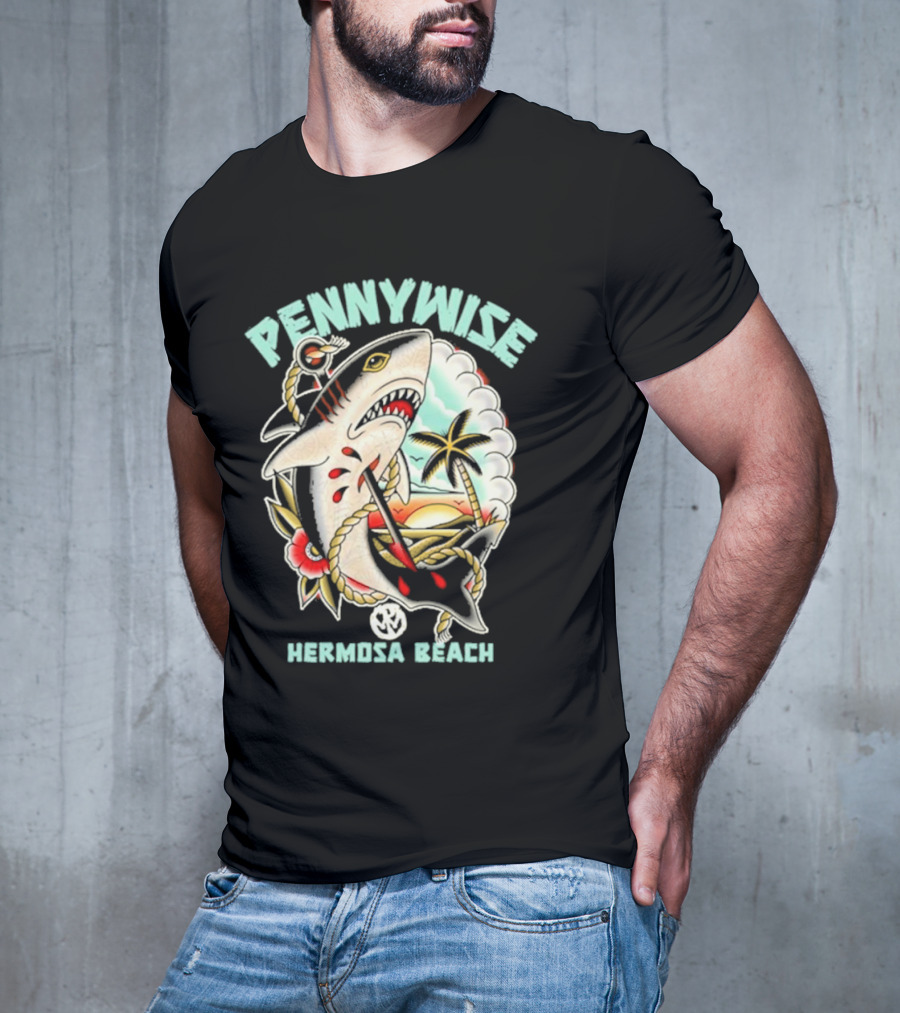 Pennywise Shark Hermosa Beach Sunset Palm Tattoo T-Shirt
