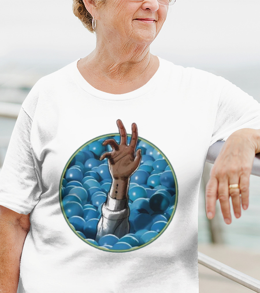 Hand Reaching Out Of Blue Ballpit Sphere T-Shirt