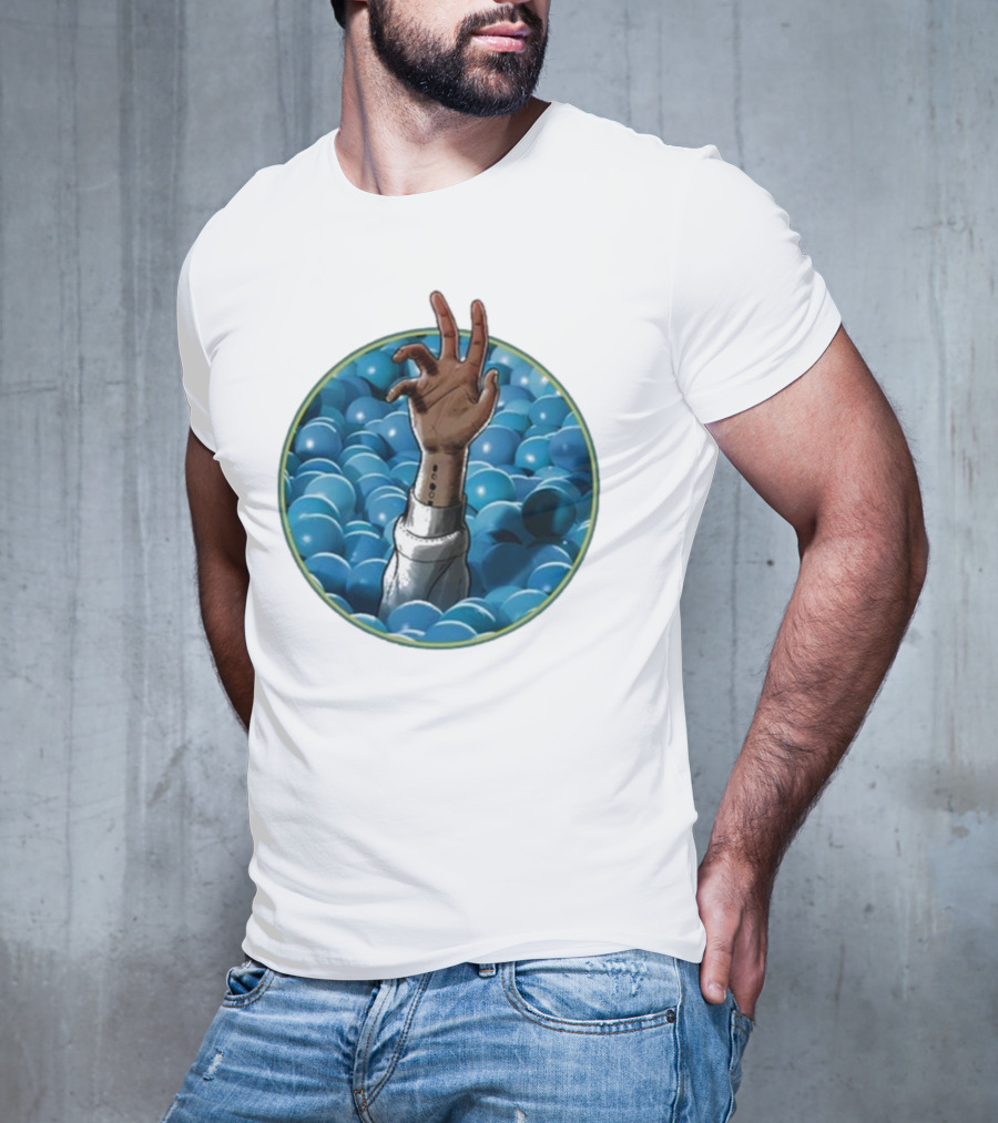Hand Reaching Out Of Blue Ballpit Sphere T-Shirt