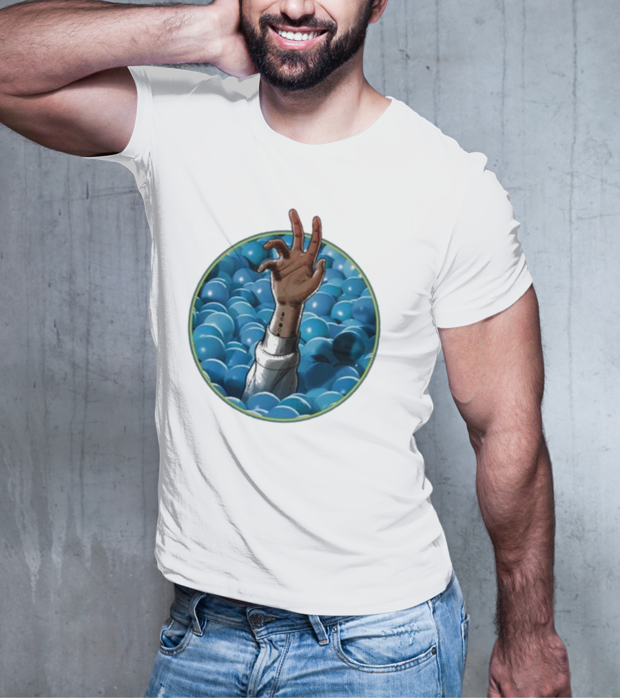 Hand Reaching Out Of Blue Ballpit Sphere T-Shirt