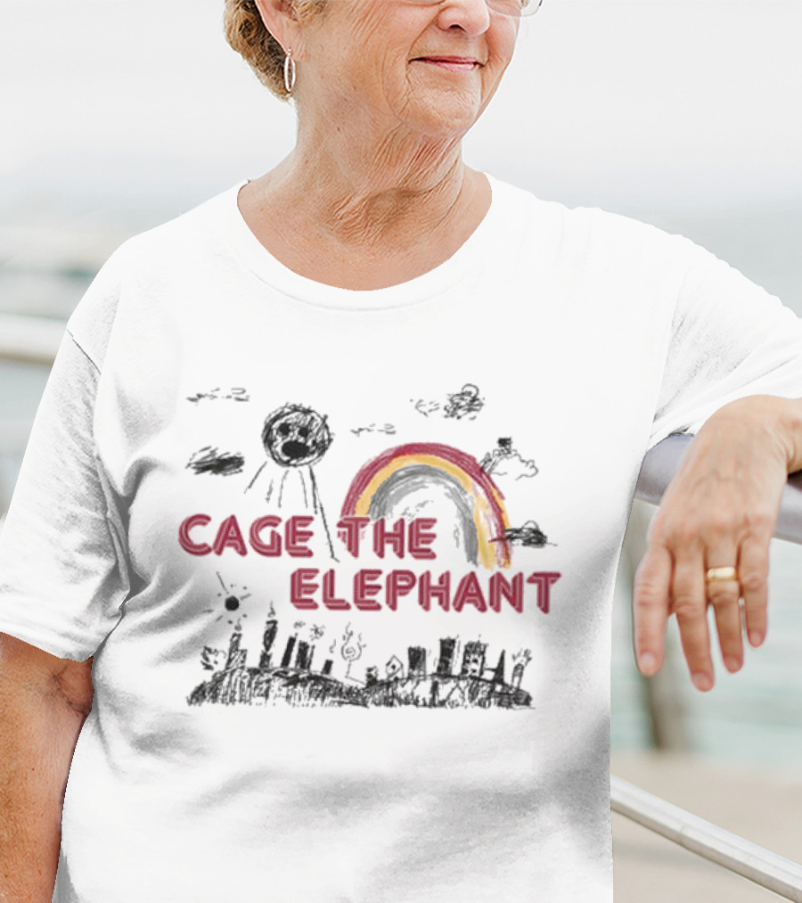 Cage The Elephant Rainbow Doodle With Scribbled Skyline And Clouds T-Shirt